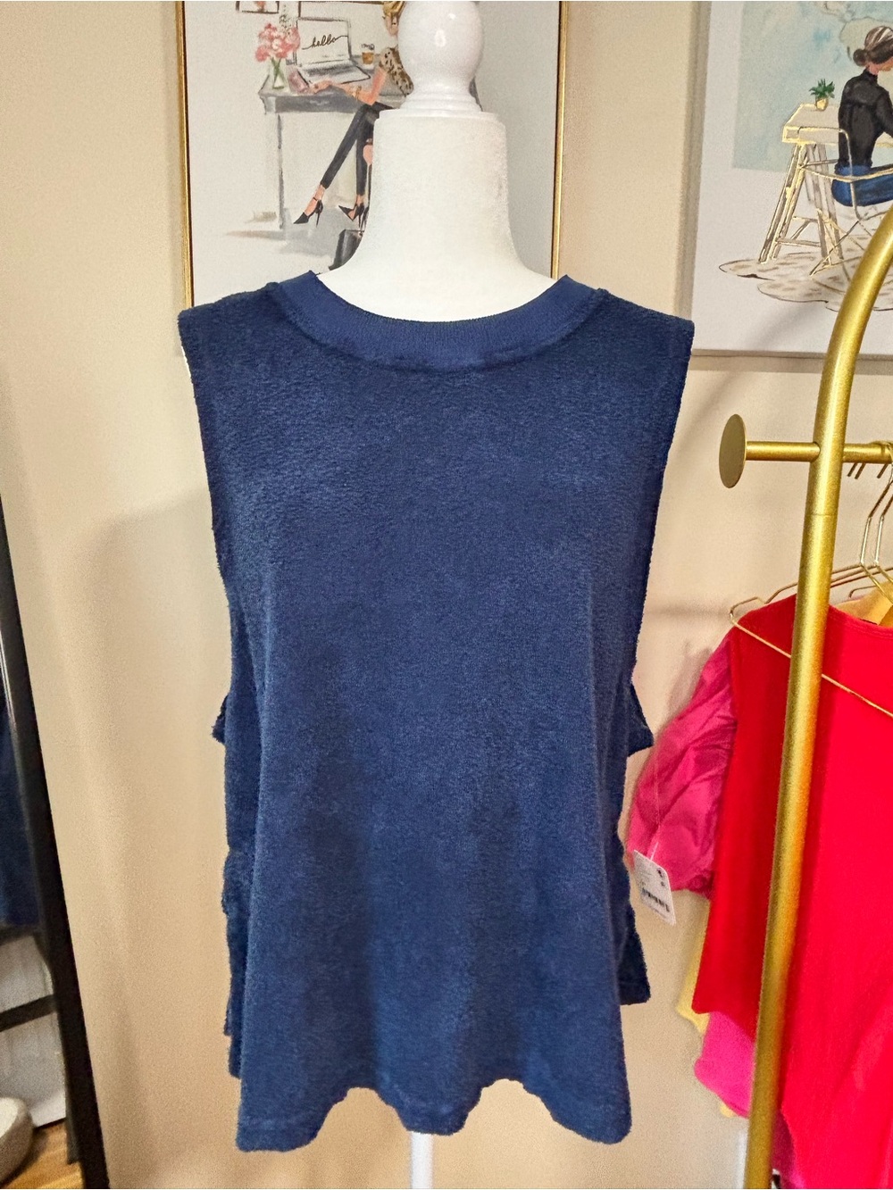 We The Free Blue Terry Cloth Drop Tail Muscle Tank Top XS